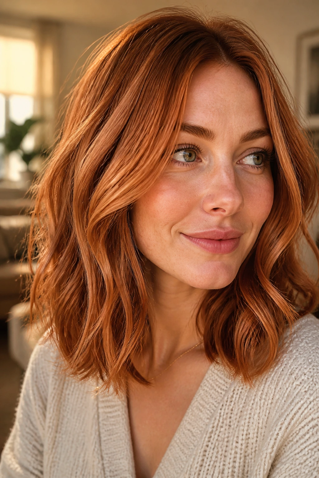 Close-up of a real woman with medium-length copper hair in soft waves