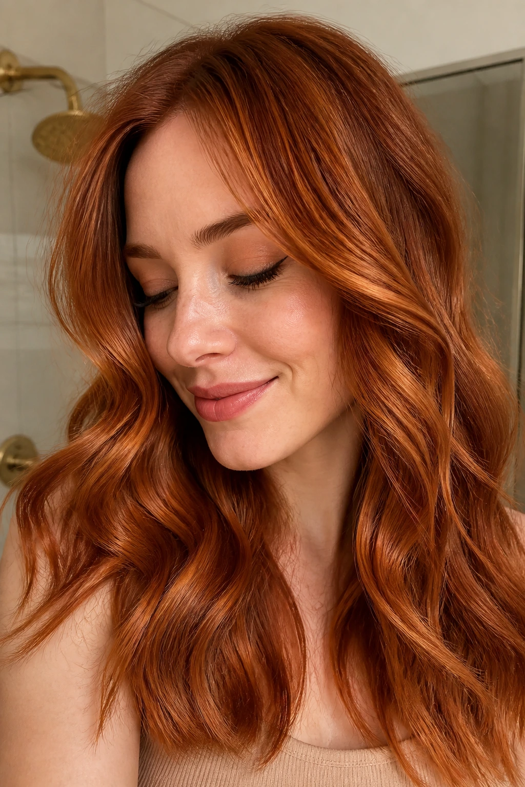 Close-up copper wavy hair with lasting shade and gloss