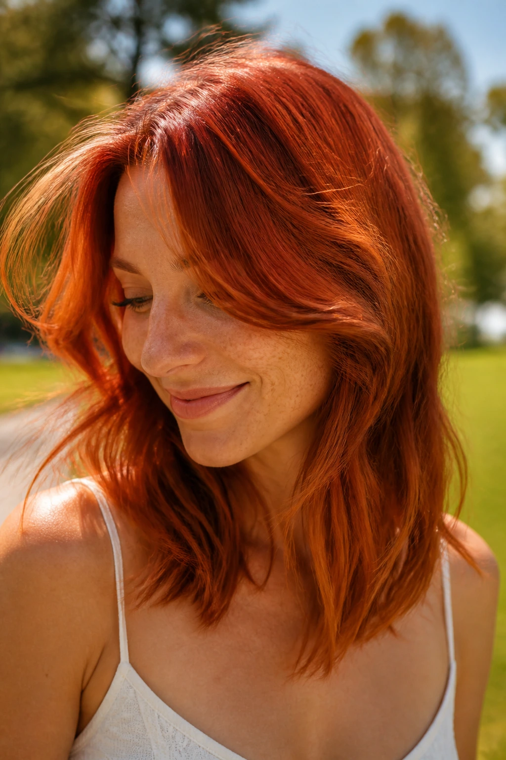 Portrait of a real person with bright copper hair outdoors in sunlight.