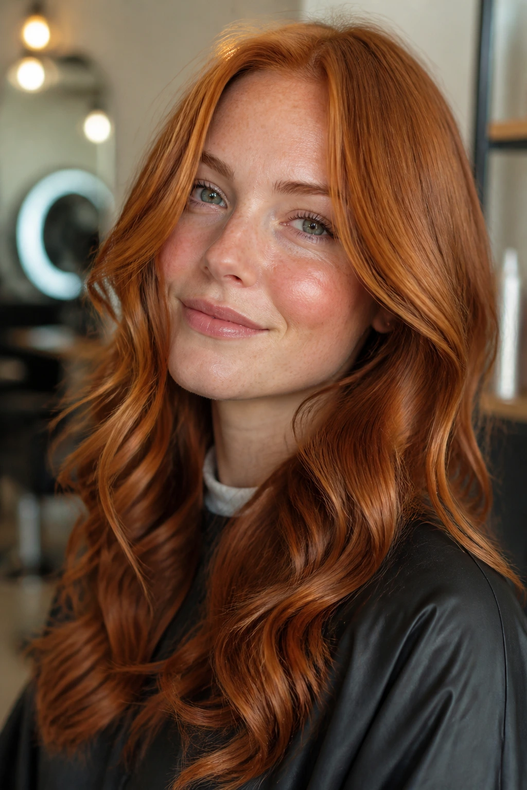 Portrait of a person with copper-toned hair in a warm salon lighting
