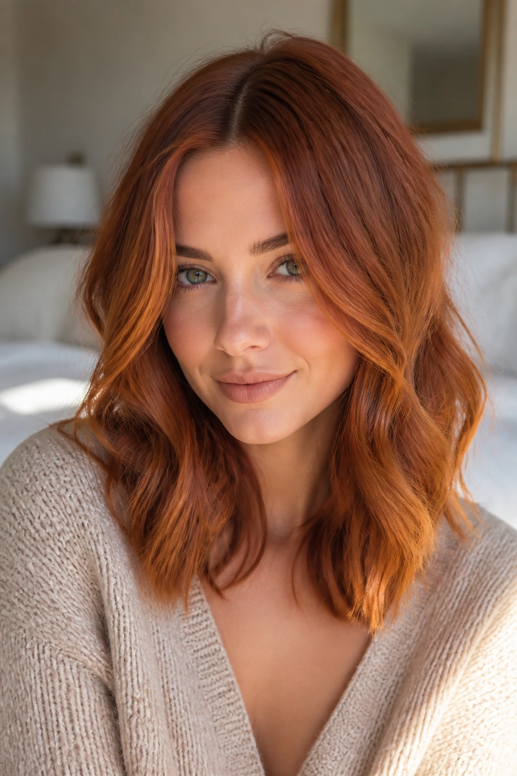 Portrait of a real person with medium-length copper hair and a center part with loose waves.