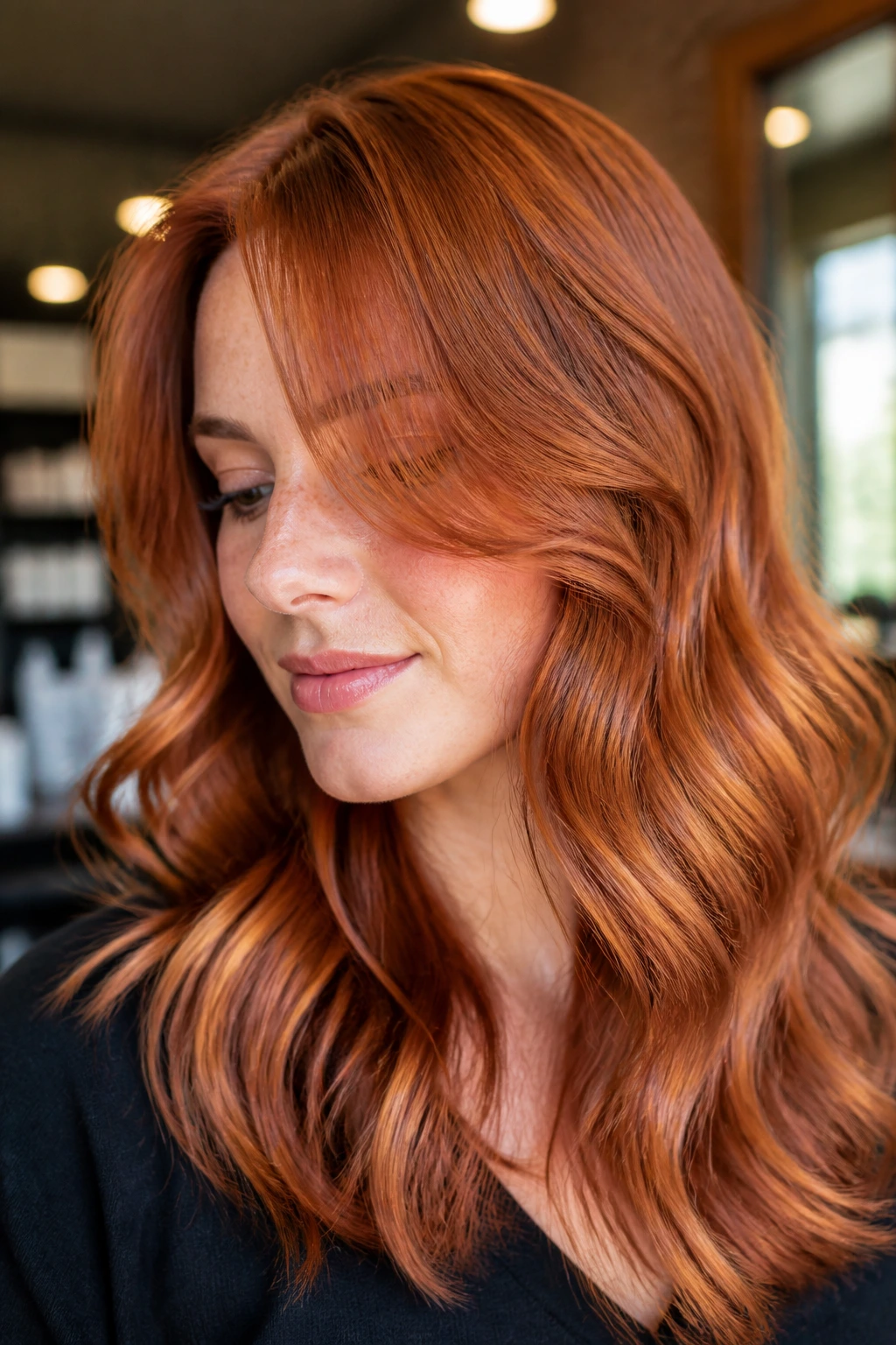 Close-up of a real woman's copper wavy hair with face-framing shine in a warm salon setting
