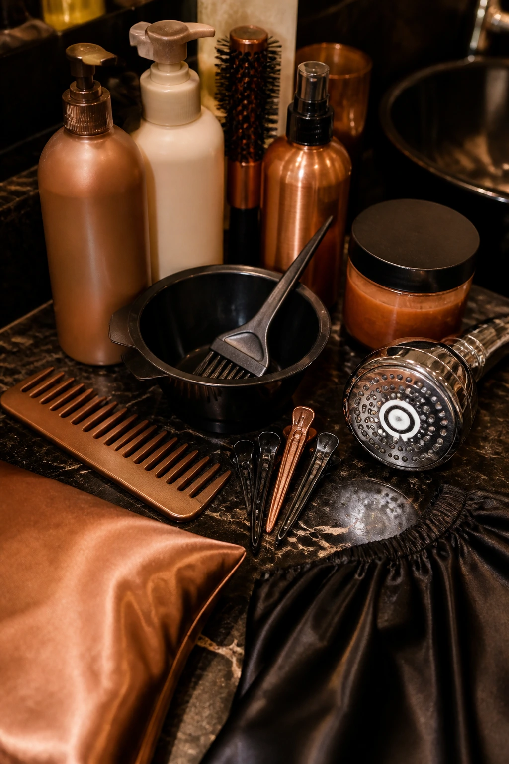 Close-up still-life of copper hair tools and products arranged on a dark vanity for salon maintenance