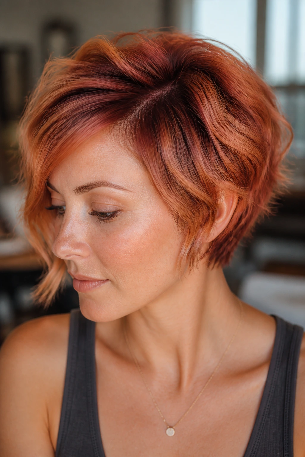 Close-up of short copper hair with multi-tonal variation.