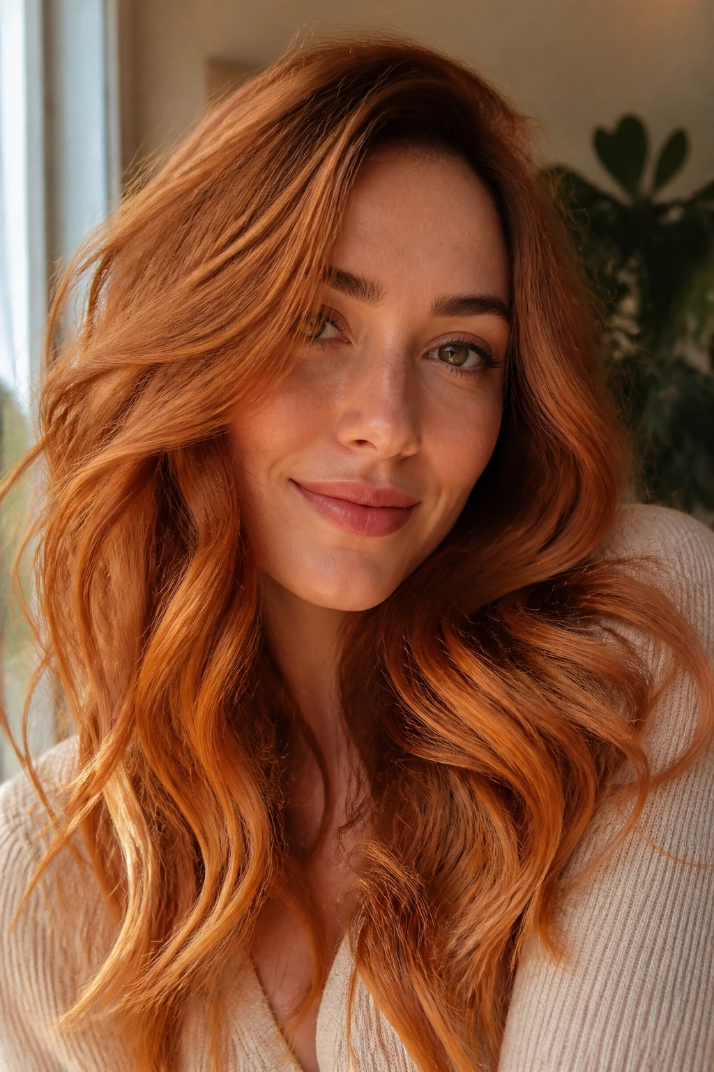 Portrait of a woman with warm copper hair in soft daylight showing a warm read