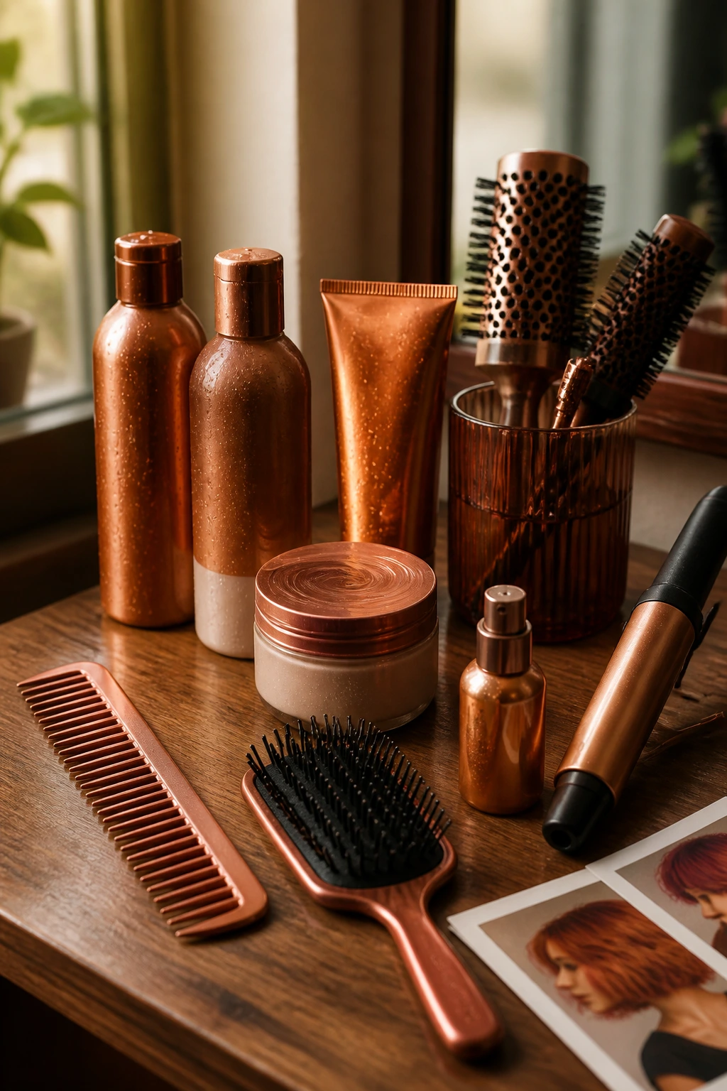 Close-up still life of unlabelled copper-toned hair-care tools on a wooden vanity.