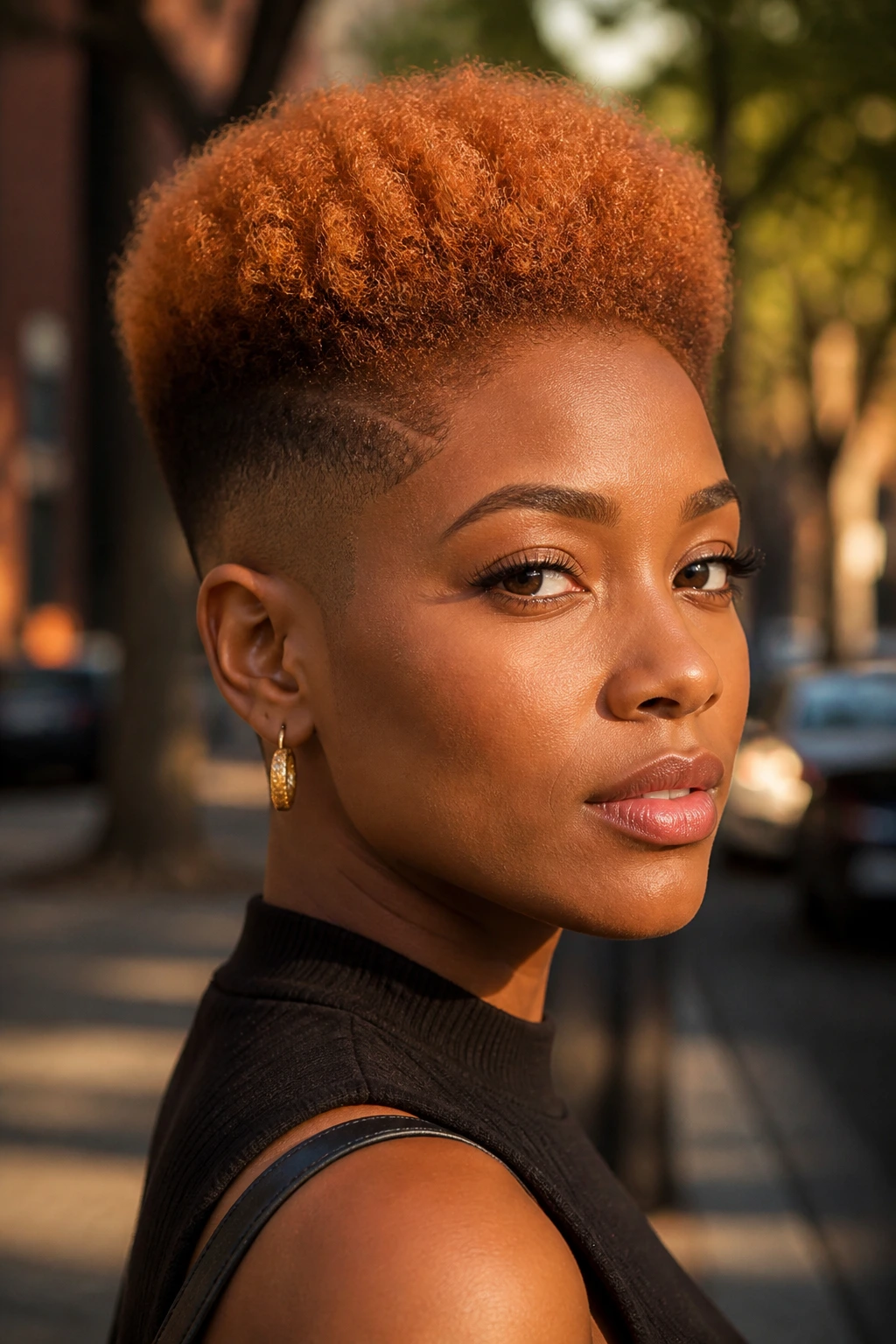 Close-up of a real Black woman with copper sculpted high top fade outdoors