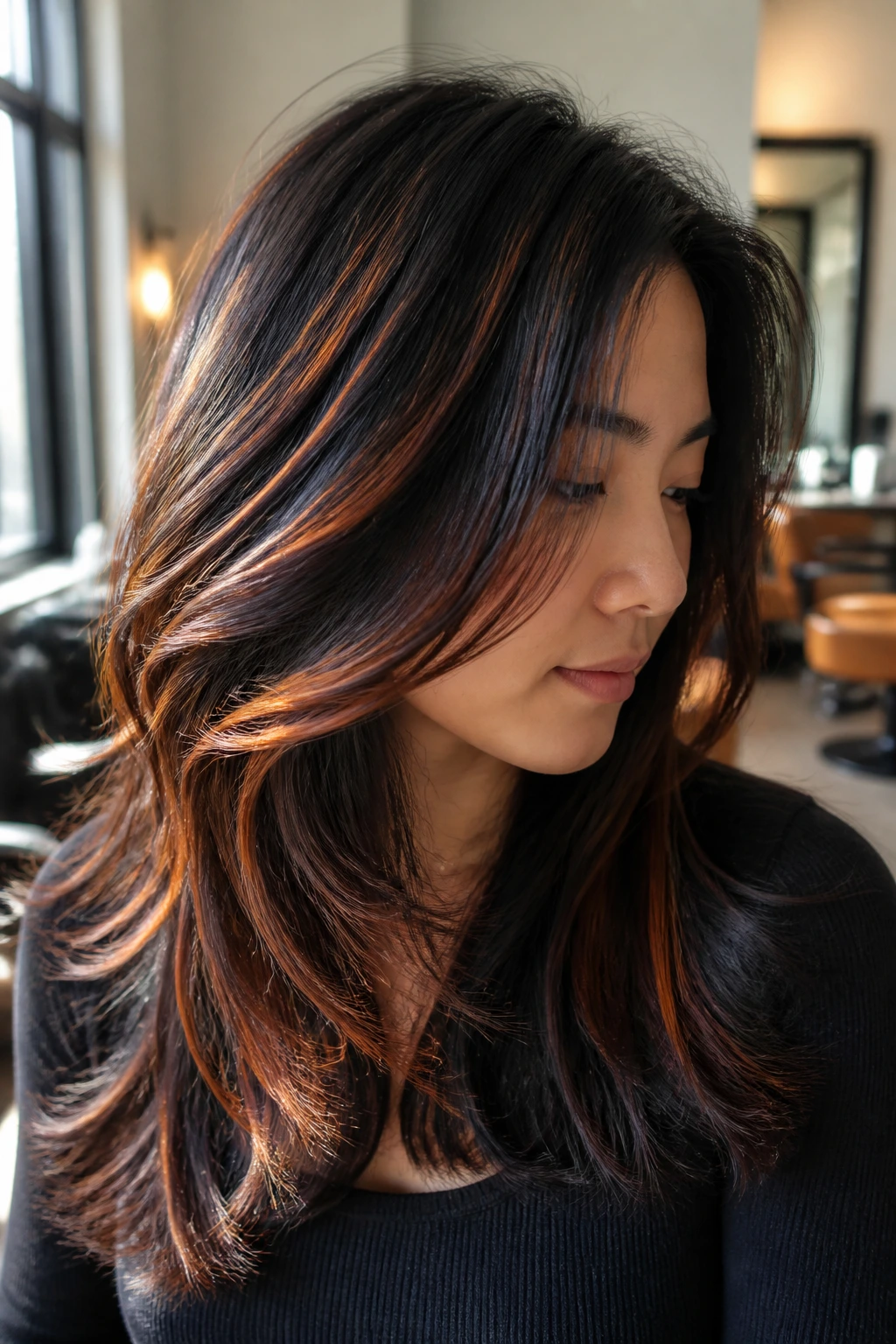 Close-up of dark hair with copper-kissed layers on a real person, warm window light.