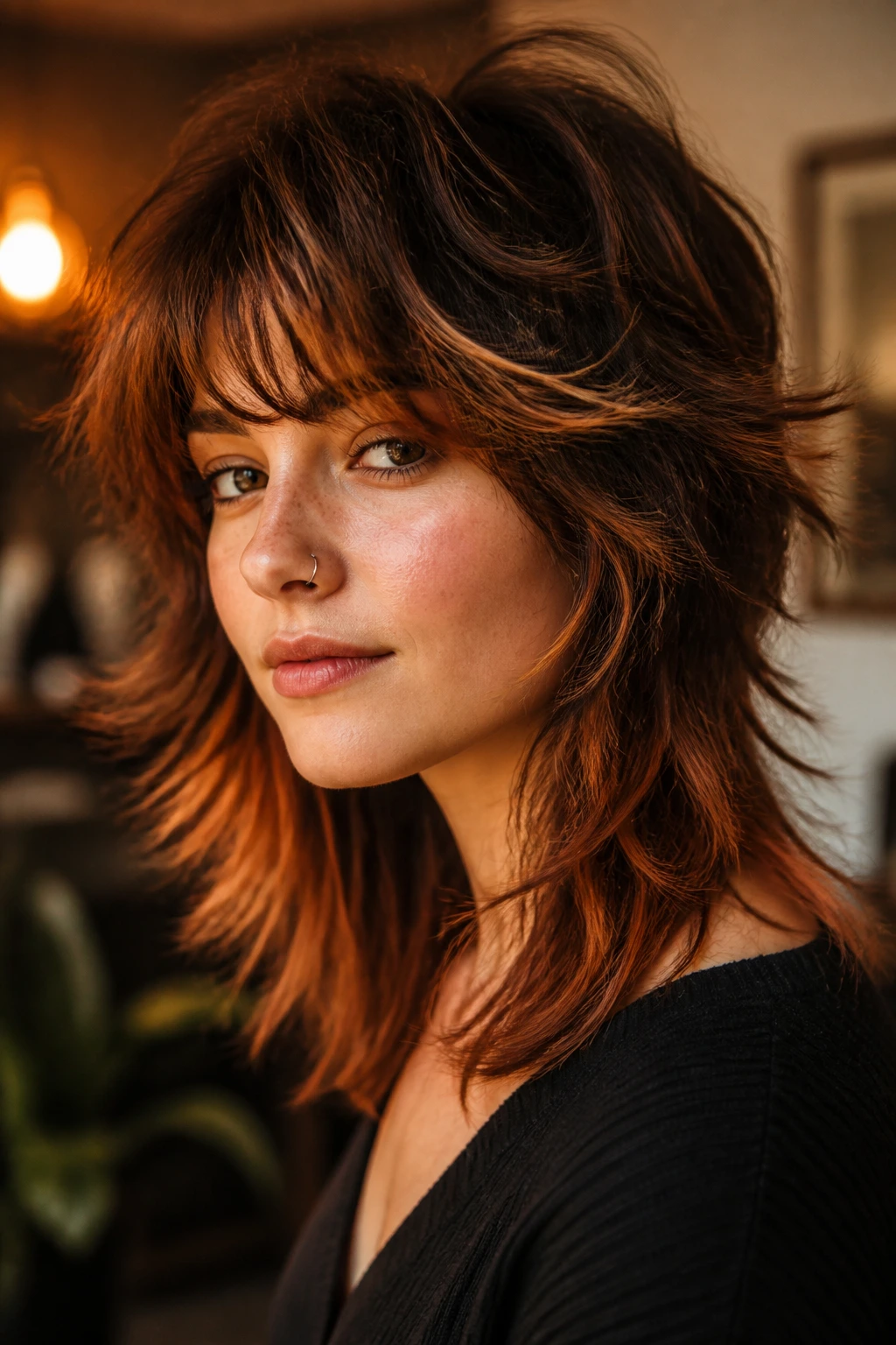 Portrait of a person with copper-glow shaggy wolf cut.