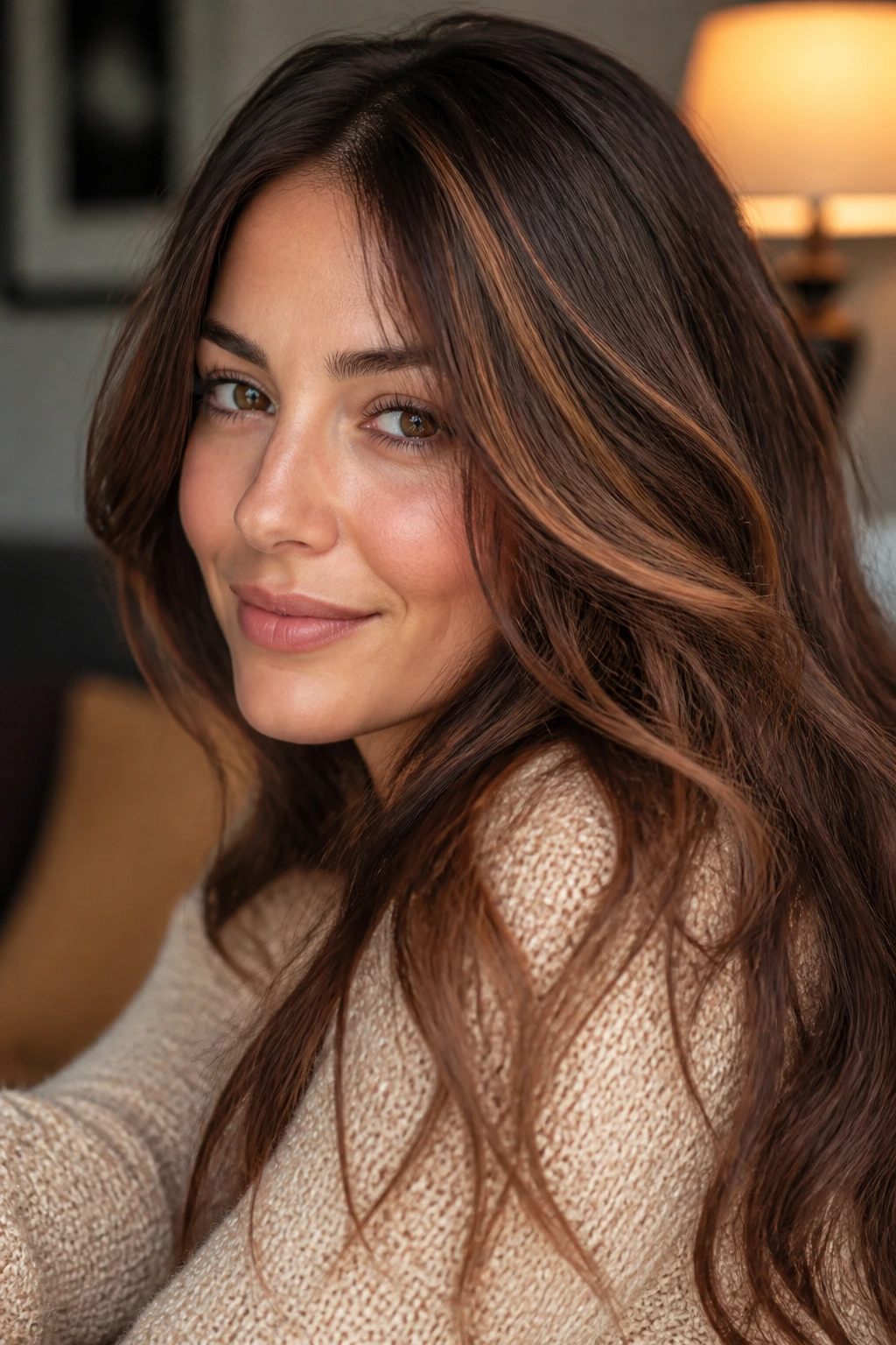 Brunette with fine copper highlights in soft indoor light
