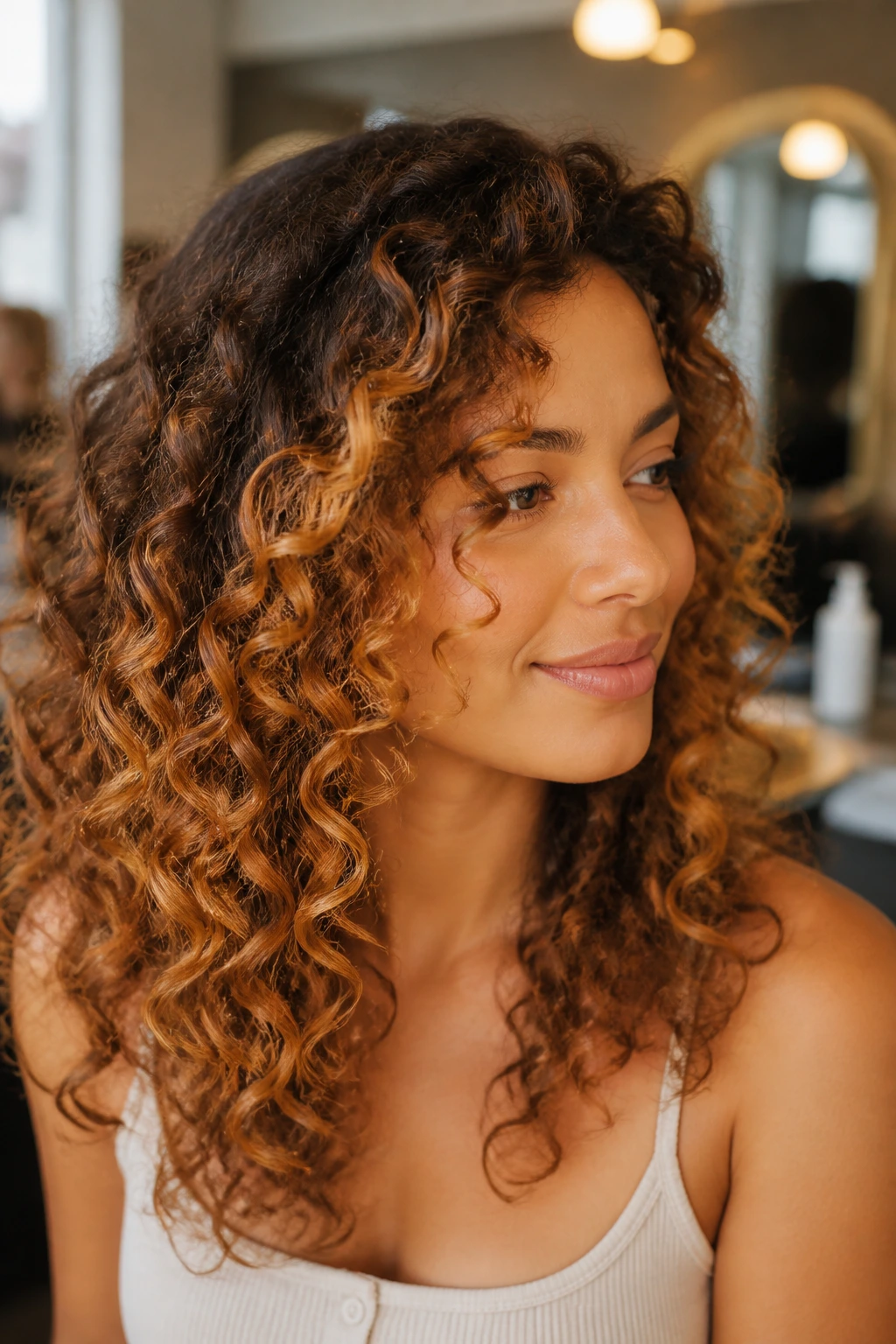 Close-up of curly hair with copper-kissed honey panels around the face in warm salon light