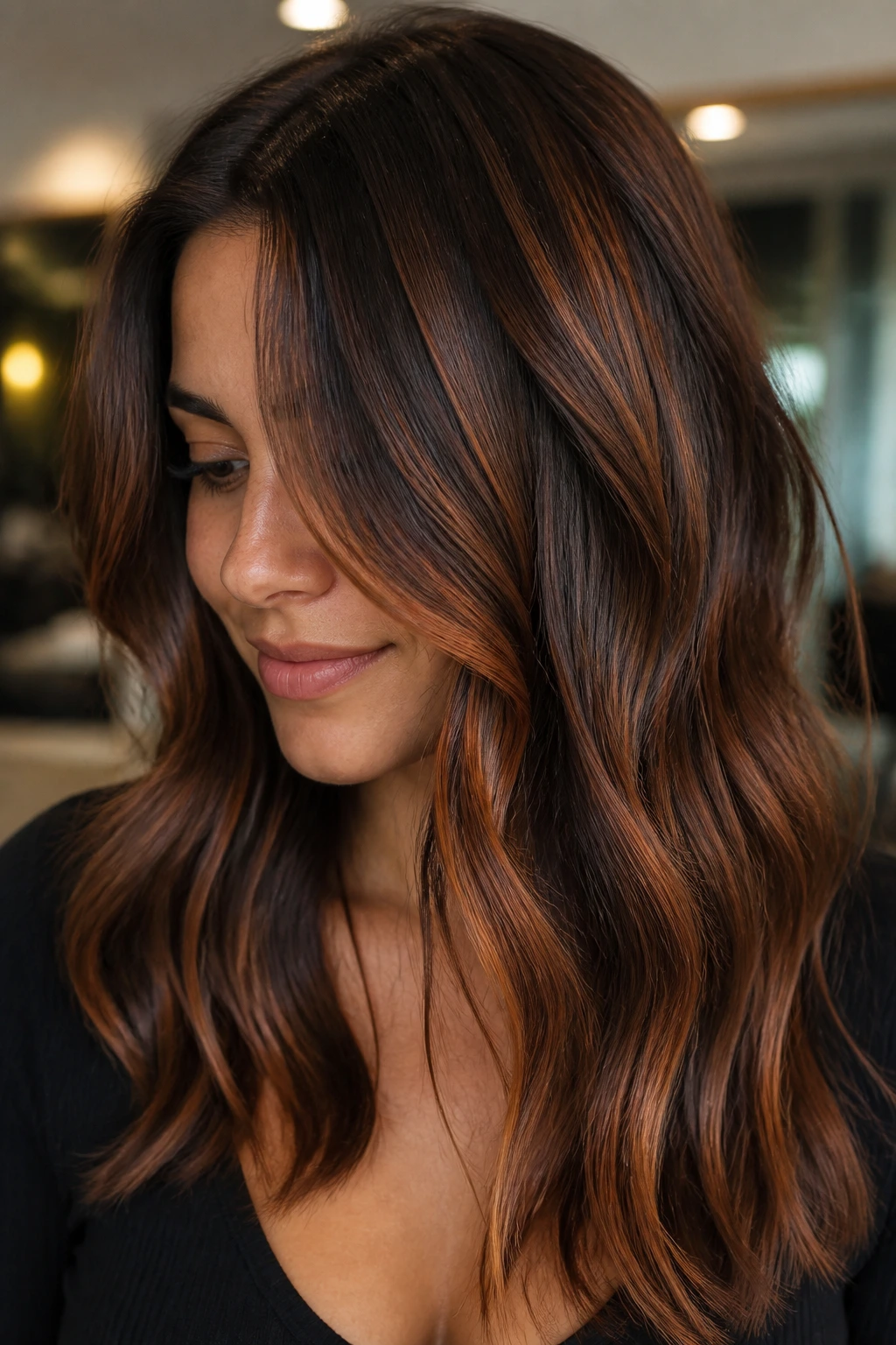 Brunette with copper-kissed balayage in daylight