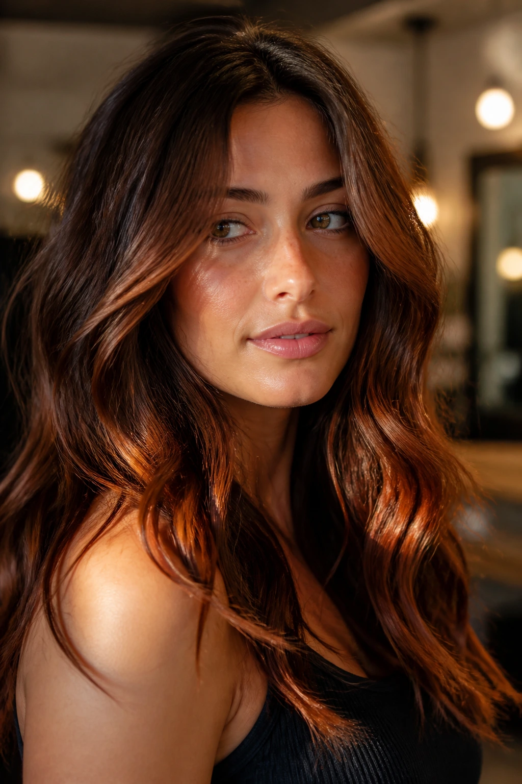 Portrait of a real woman with copper-kissed brunette hair catching warm light