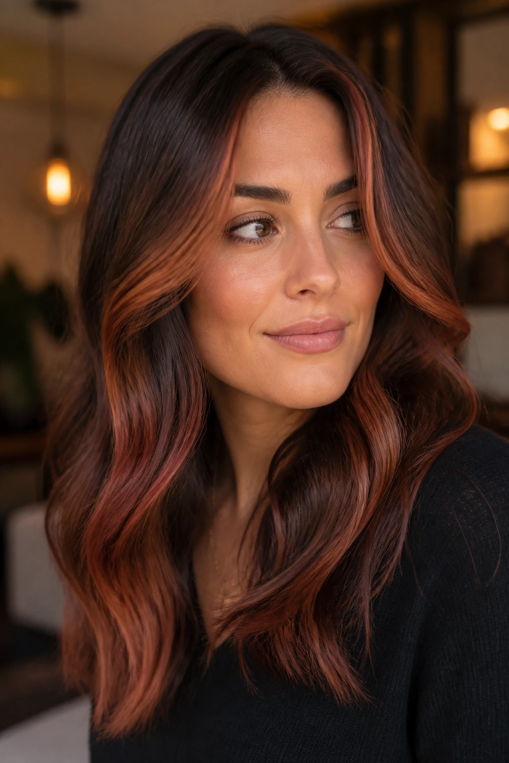 Close-up portrait of Copper-Kissed Brunette with subtle copper around the face