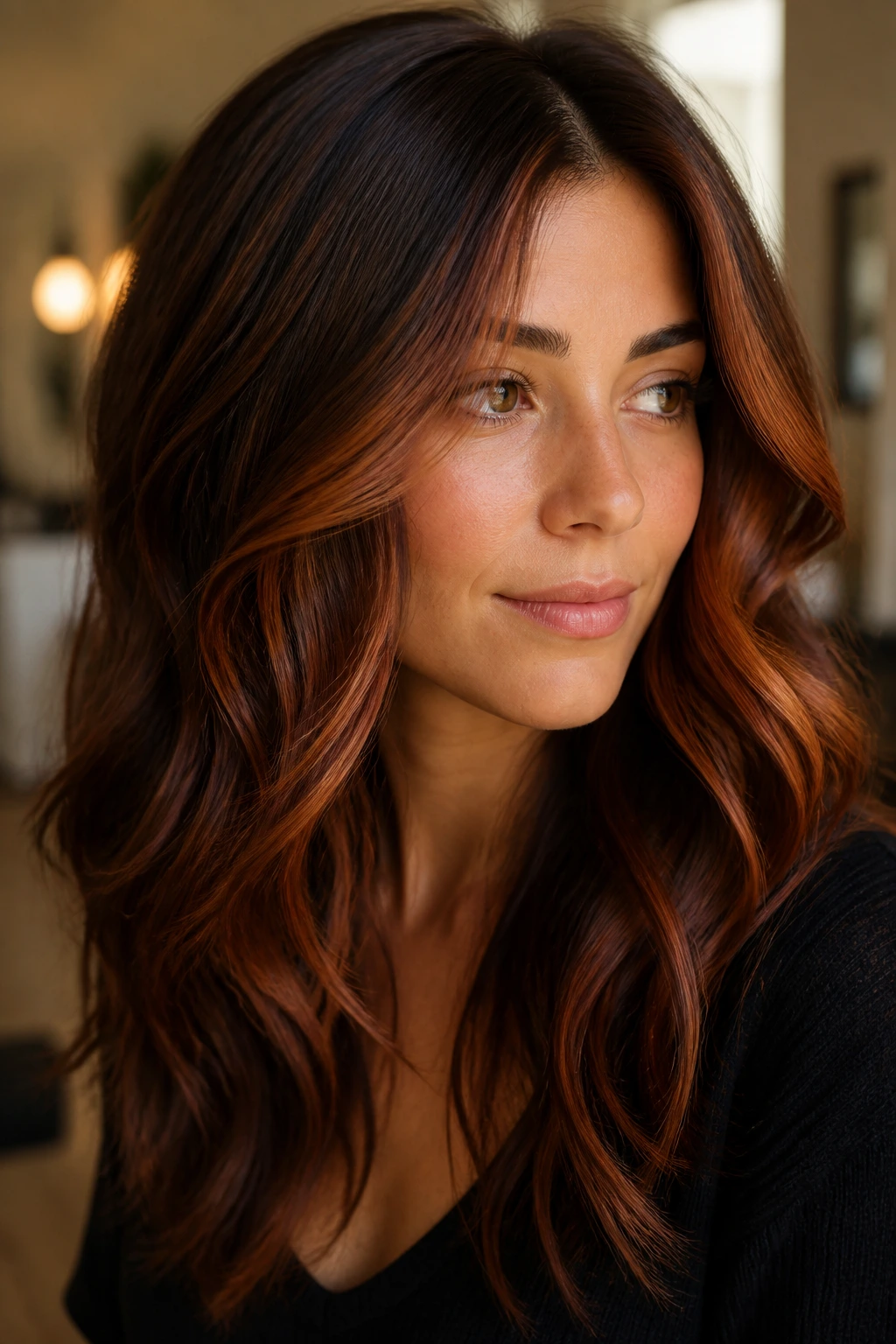 Close-up portrait of a real woman with copper-kissed chestnut hair in warm light.