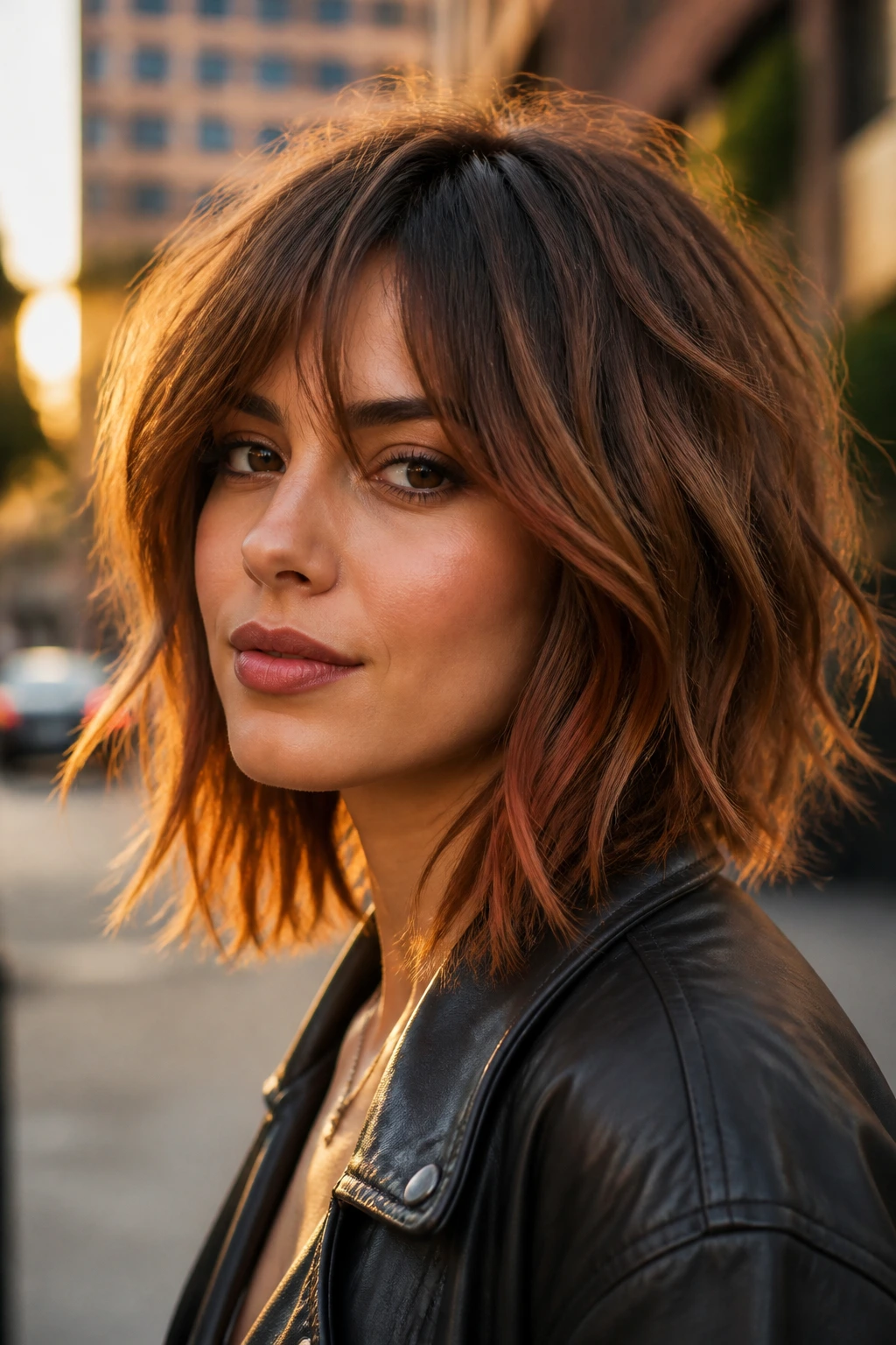 Close-up of a woman with copper-kissed lob and shag texture