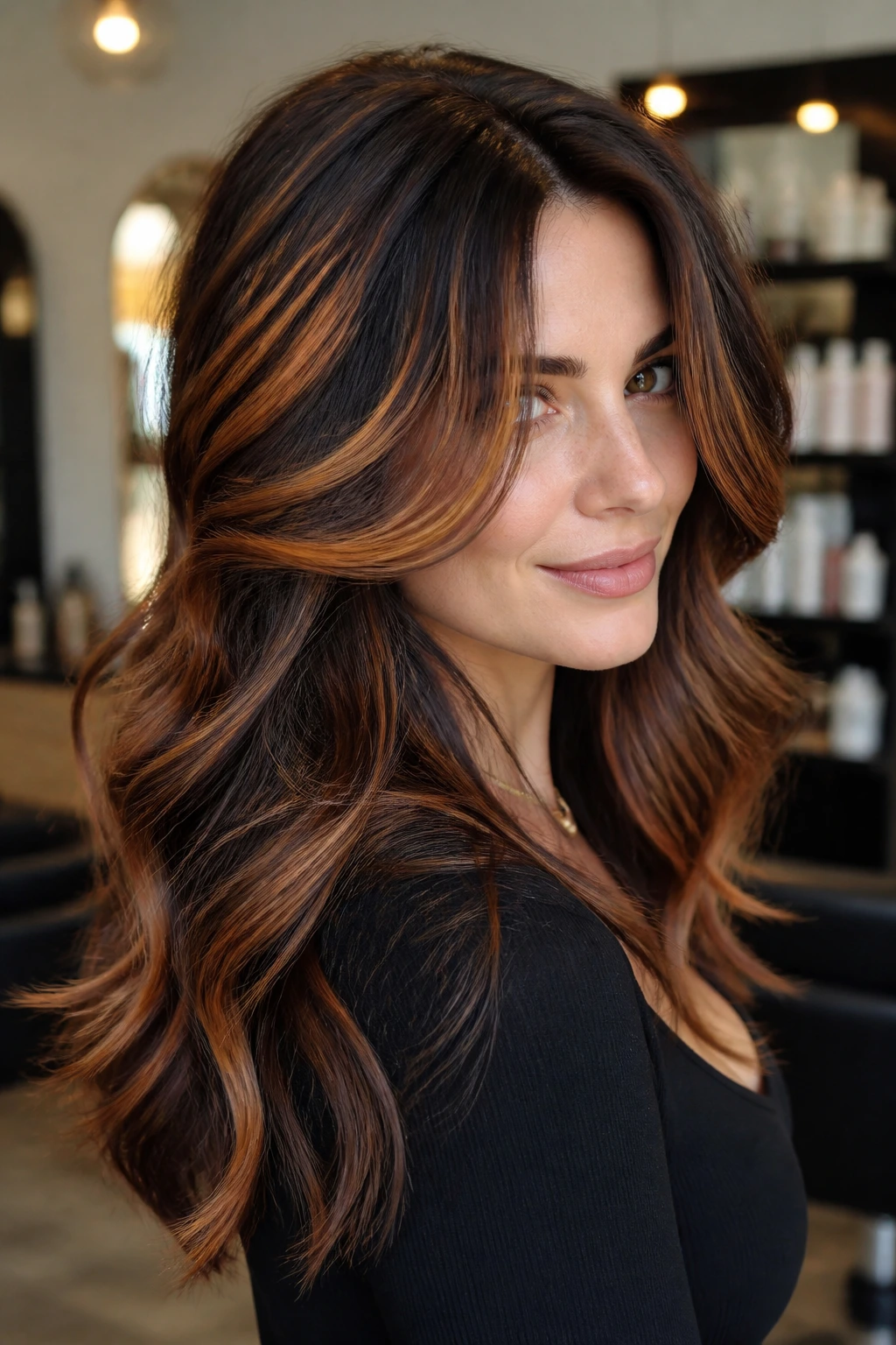 Close-up of a real woman with copper lattice balayage in thick hair