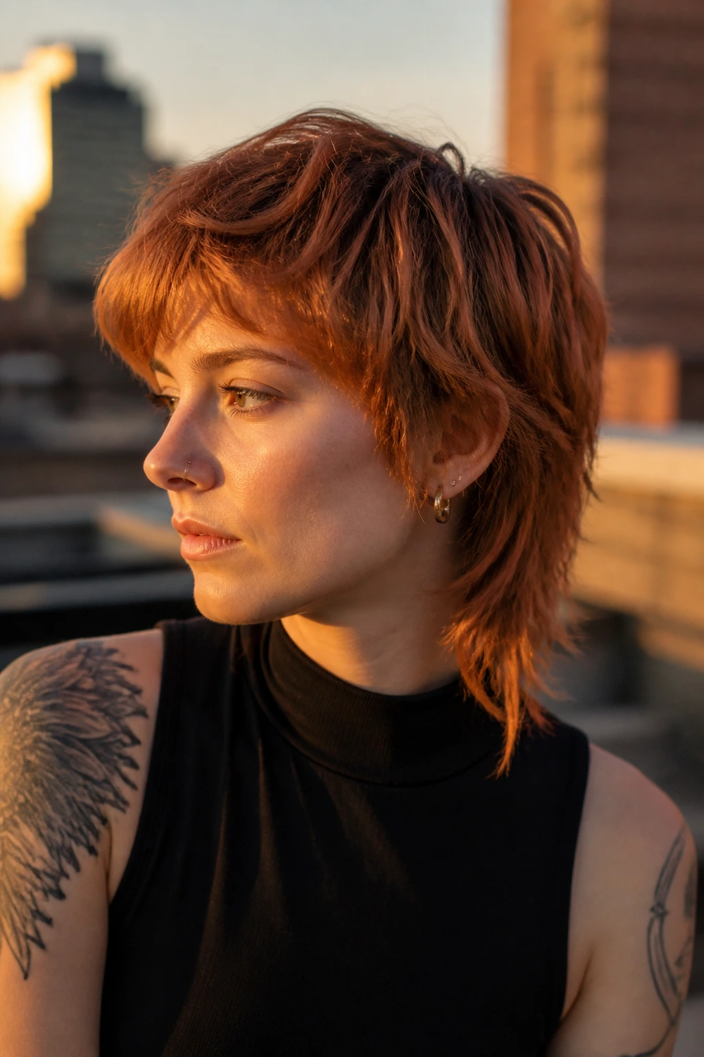 Portrait of a real person with copper-toned layered mullet in golden-hour light