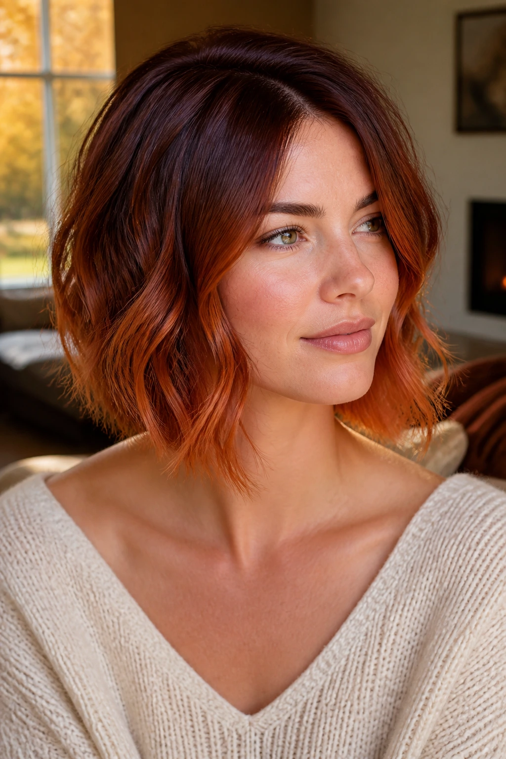 Portrait of woman with copper leaf fade hair gradient