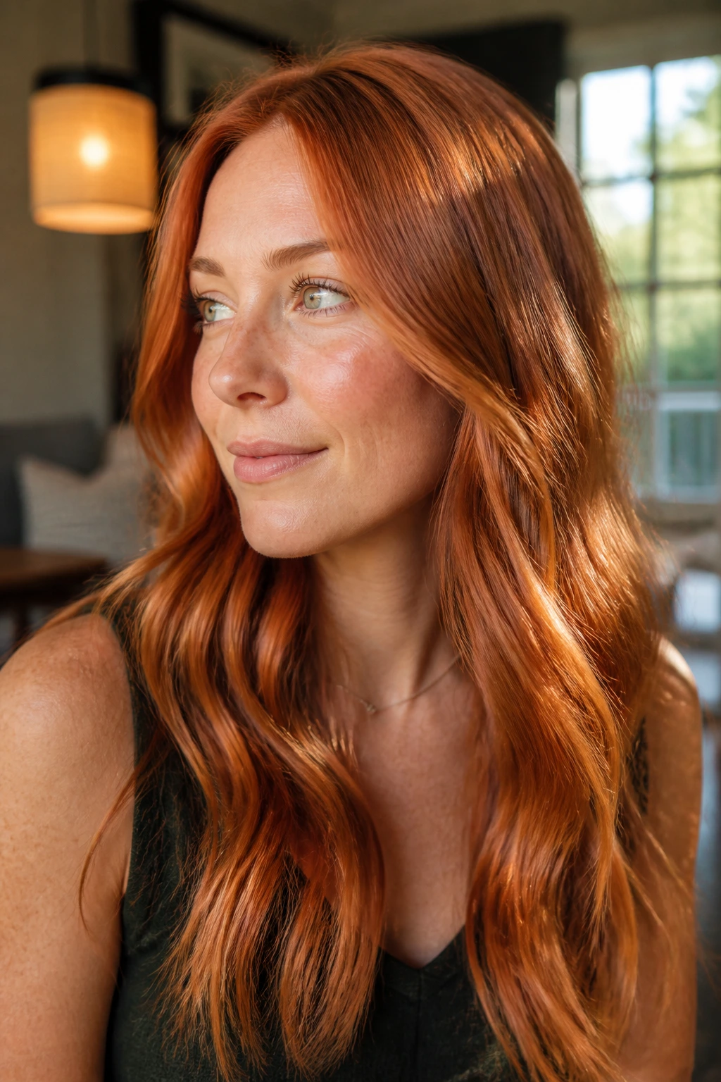 Close-up portrait of a real woman with copper hair under mixed lighting.