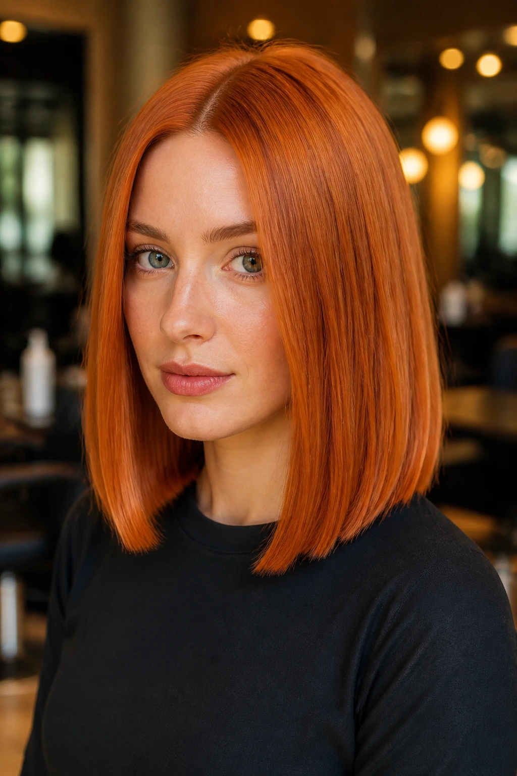 Close-up of a woman with a bright copper lob hairstyle