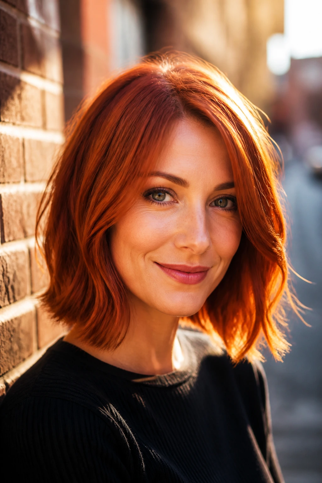 Copper lob hairstyle close-up on real person in brick alley