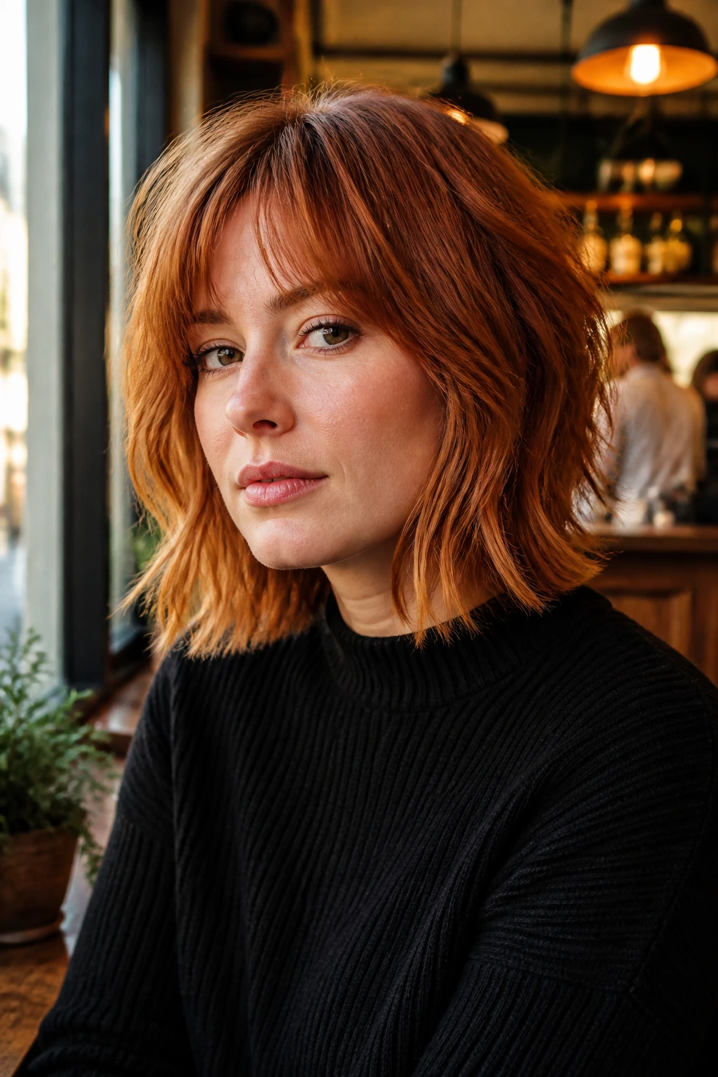 Close-up of real woman with layered copper lob shag