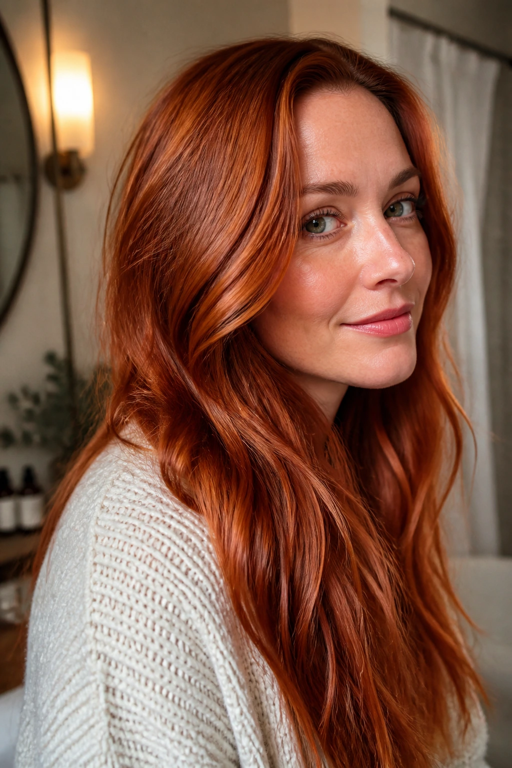 Close-up of copper-red hair maintained with gloss in warm home lighting