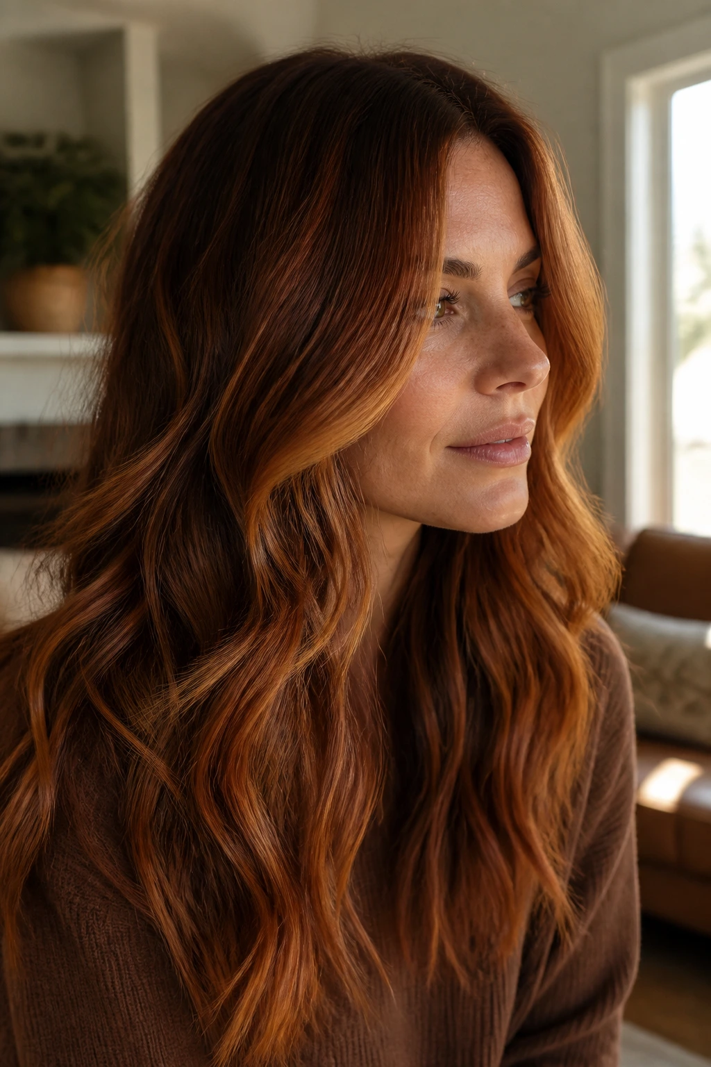 Close-up portrait of a real woman showing copper maple balayage in warm daylight.