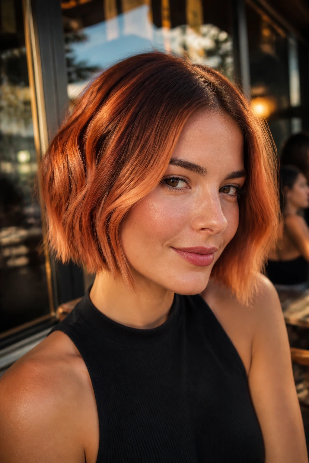 Close-up of a real woman with copper melt bob hairstyle.