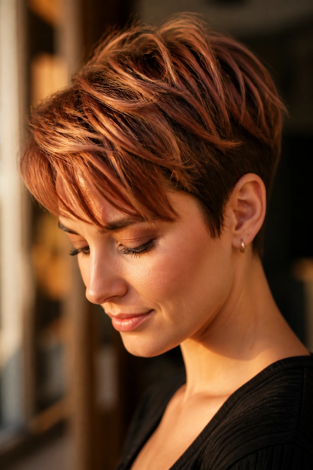 Close-up of a real person with copper melt balayage on a short crop