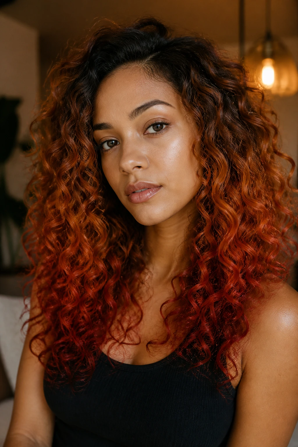 Close-up of curly hair with copper melt gradient