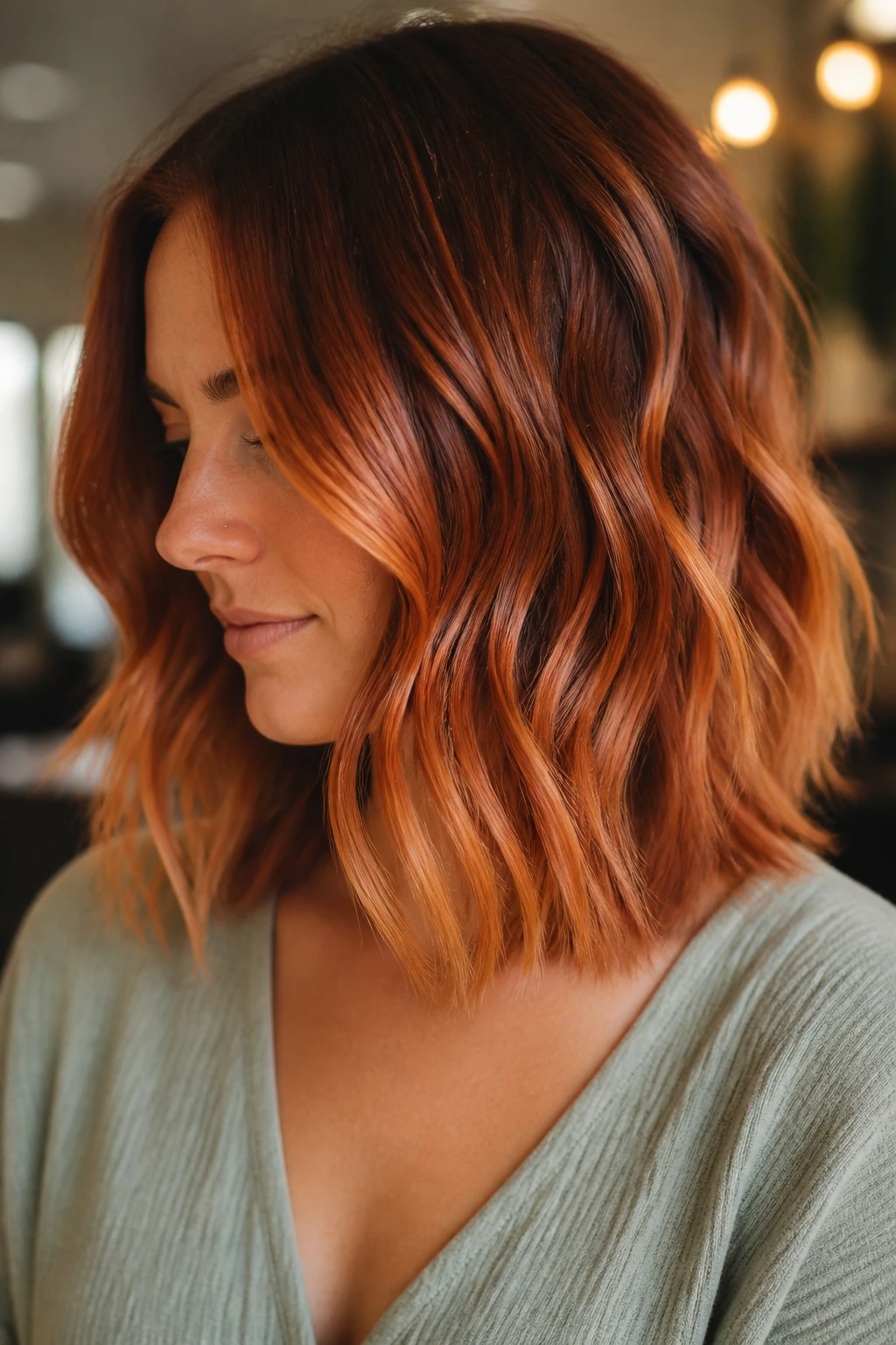 Close-up of a real person with a copper melt lob showing deep root, copper mid-length, and golden ends.