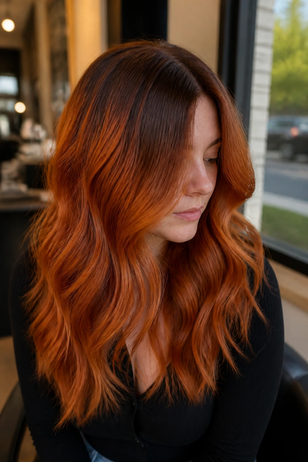 Close-up of a real person's hair showing copper melt with a dark shadow root under warm salon lighting.