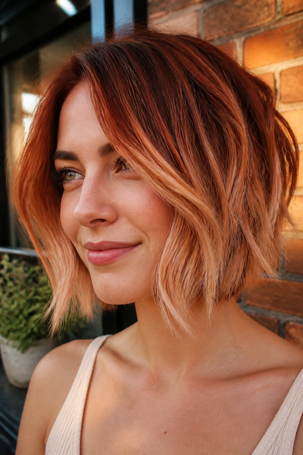 Portrait of a textured bob with copper melt ombre