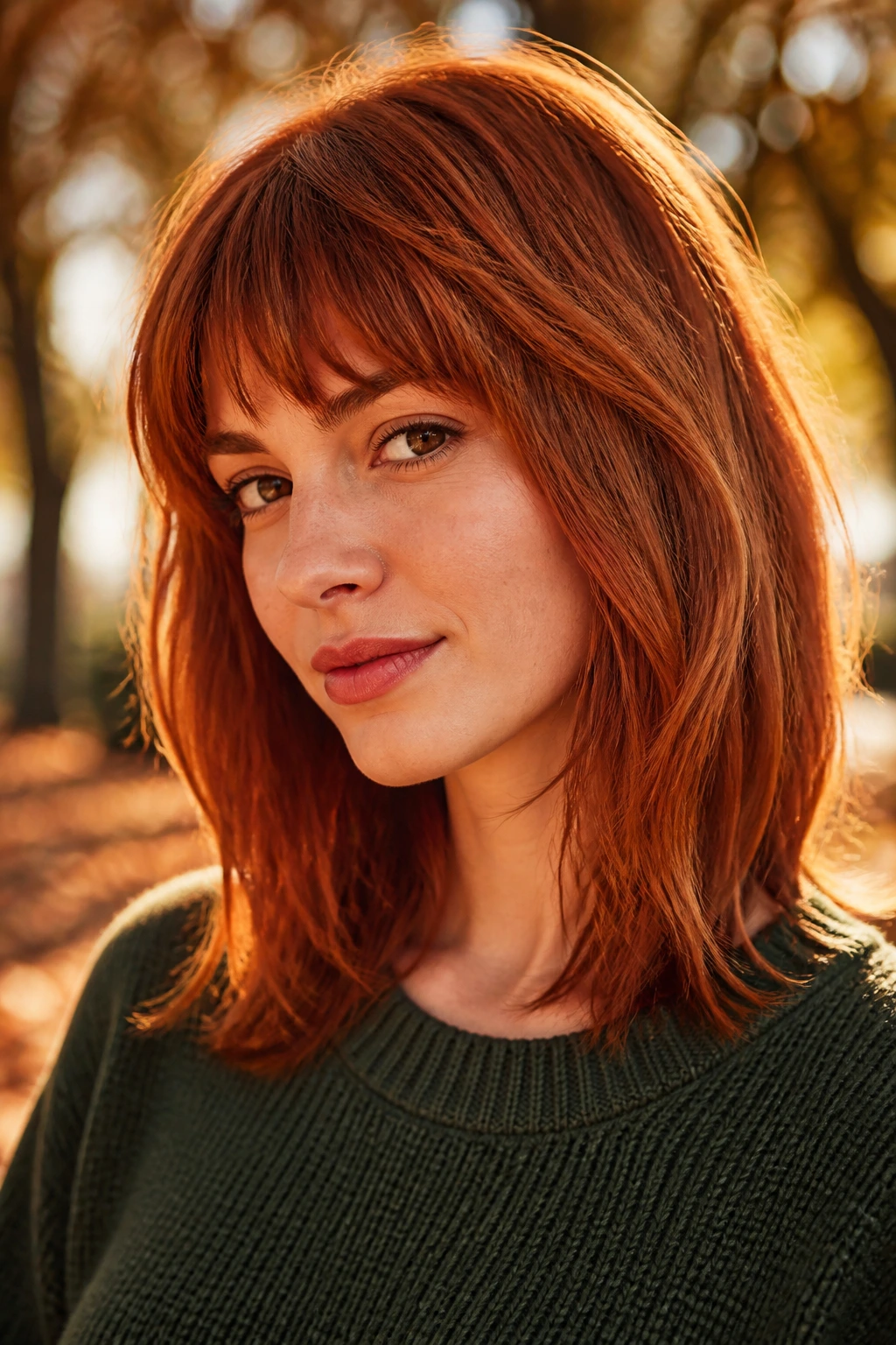 Real person with copper midi hair, choppy bangs and internal layers in park lighting.