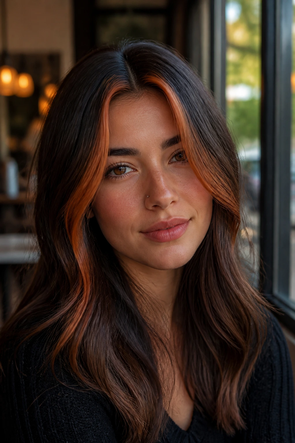 Portrait of a real person with copper money piece on brunette base framing the face.