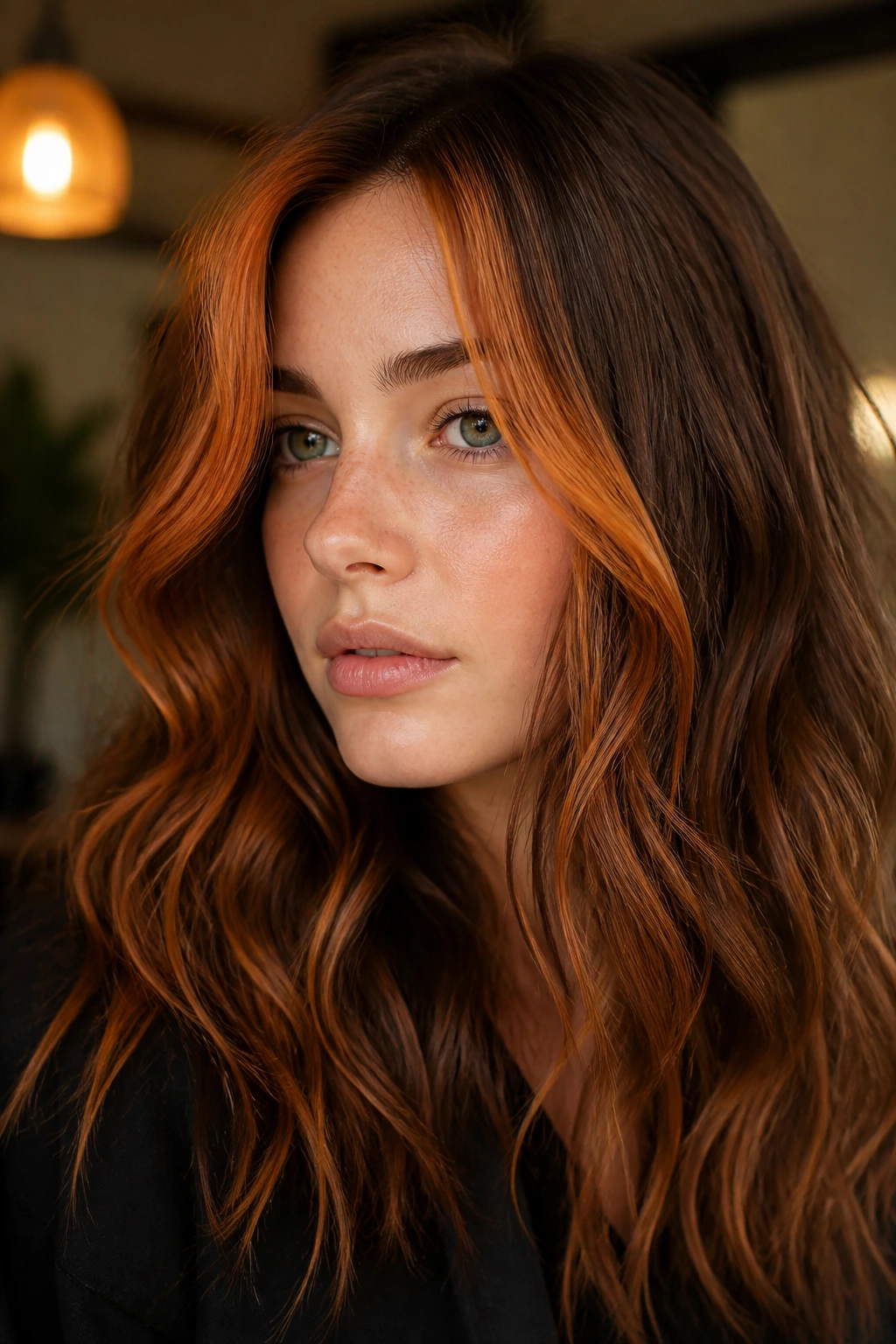 Close-up of a real woman with copper money piece around the face in wavy hair