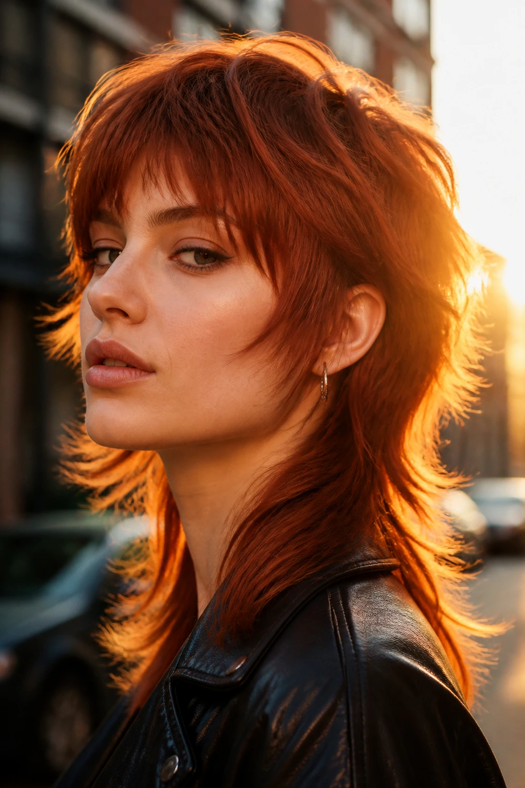 Close-up of real person with copper mullet wolf cut in golden hour street