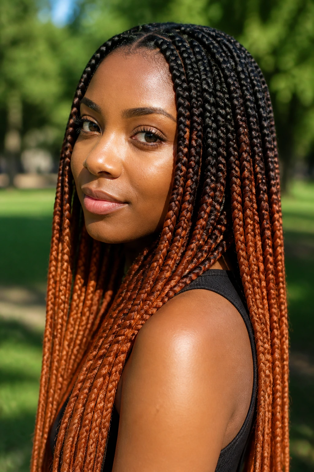 Close-up of a real person with copper ombré box braids