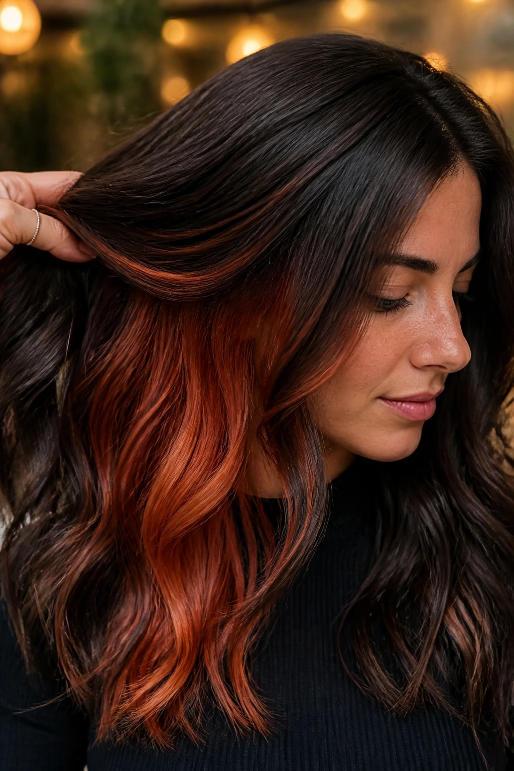 Real person with copper peekaboo highlights showing hidden color.
