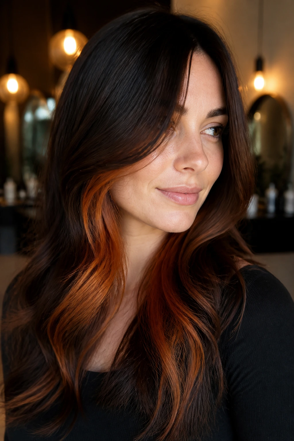 Close-up portrait of a real person with copper peekaboo underlayer visible beneath darker top layer.