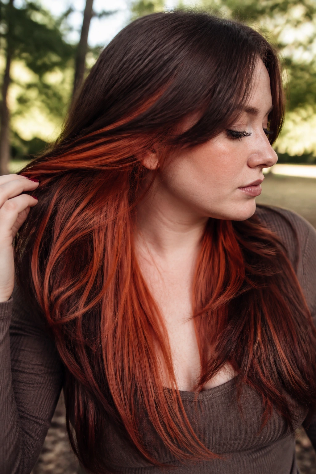 Real woman with copper peekaboo panels peeking through layered long hair outdoors.