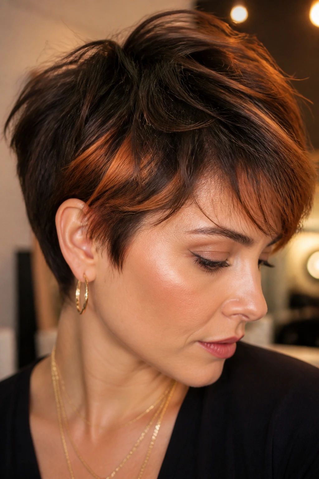 Close-up of a real person with copper peekaboo panels in a layered pixie
