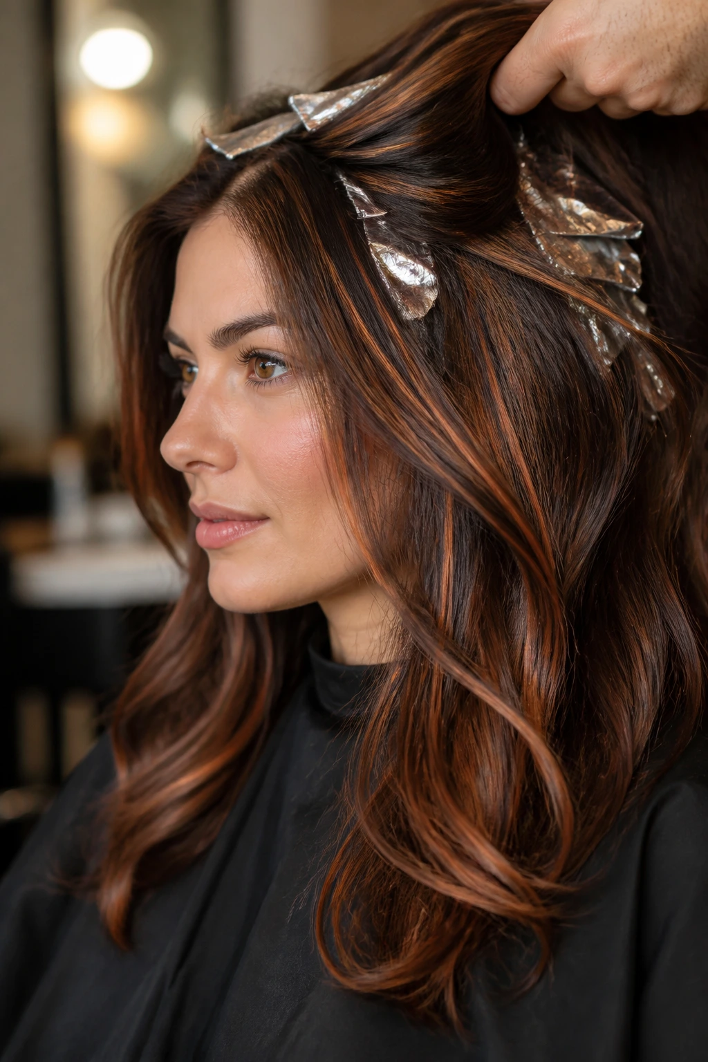 Brunette with copper penny accents close-up portrait
