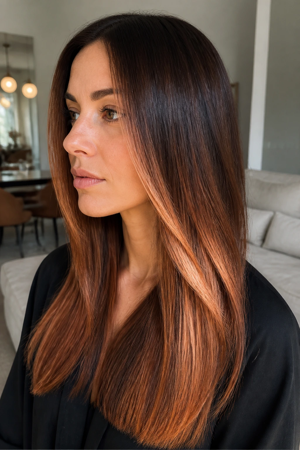 Close-up portrait featuring copper penny balayage on straight hair.