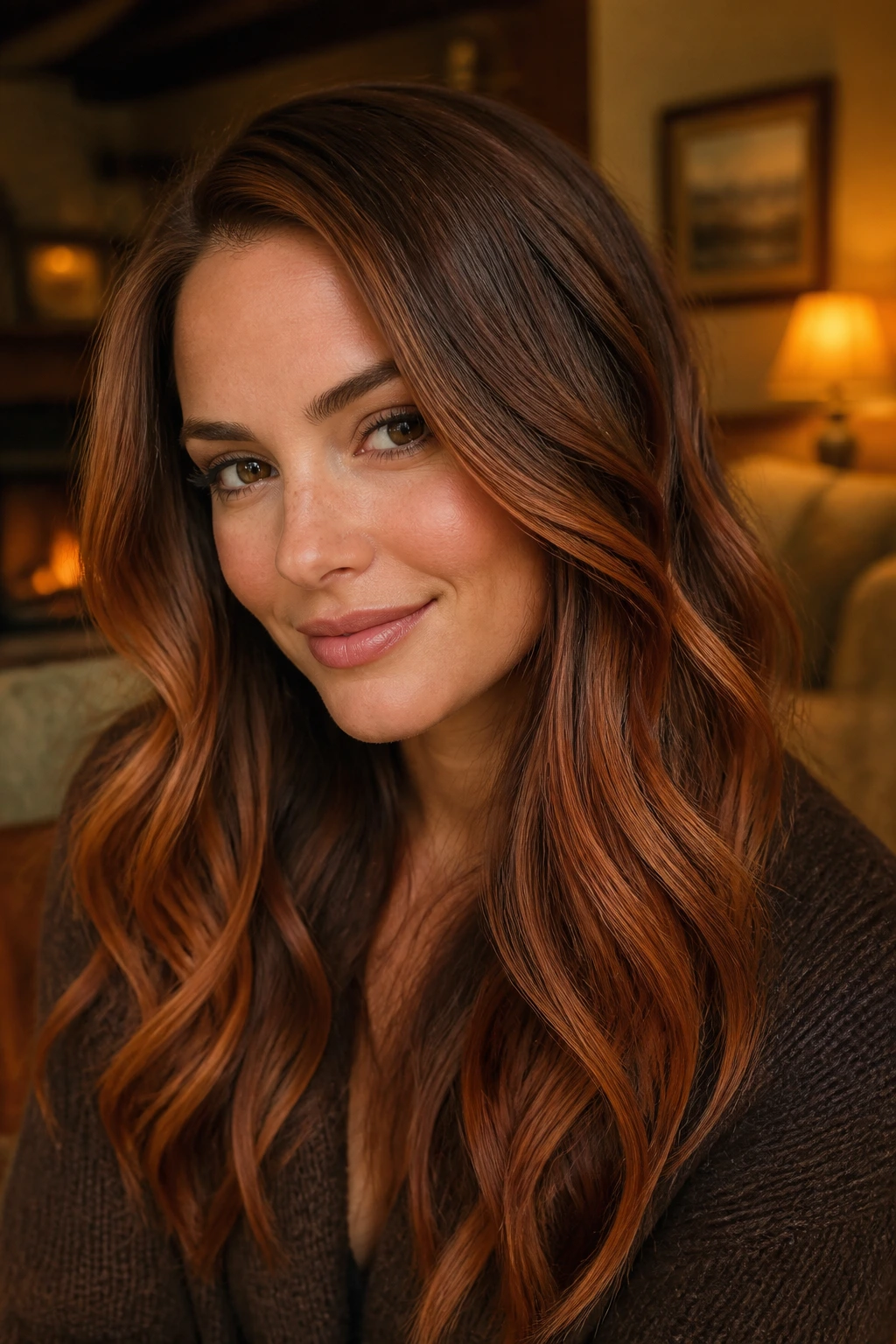 Close-up of hair with copper penny balayage showing warm copper ribbons on brown base