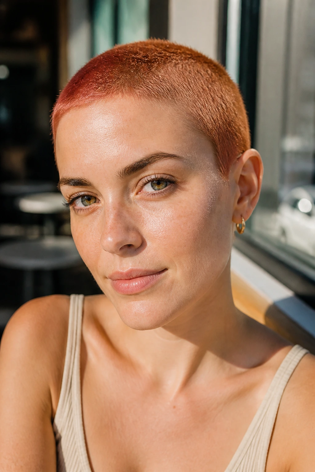 Close-up of a real woman with copper penny buzz cut in warm light