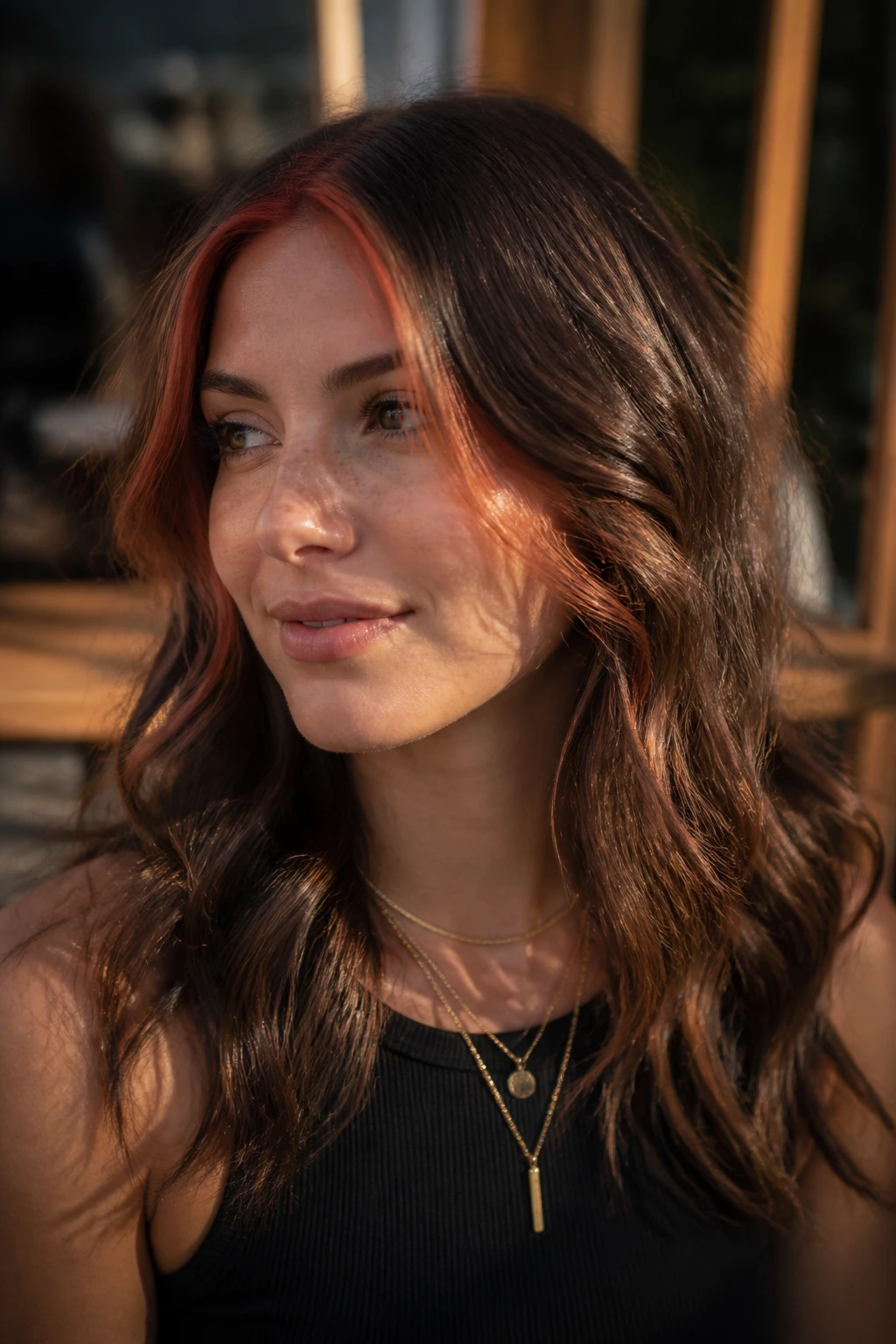 Copper front stripe on a real woman's wavy hair