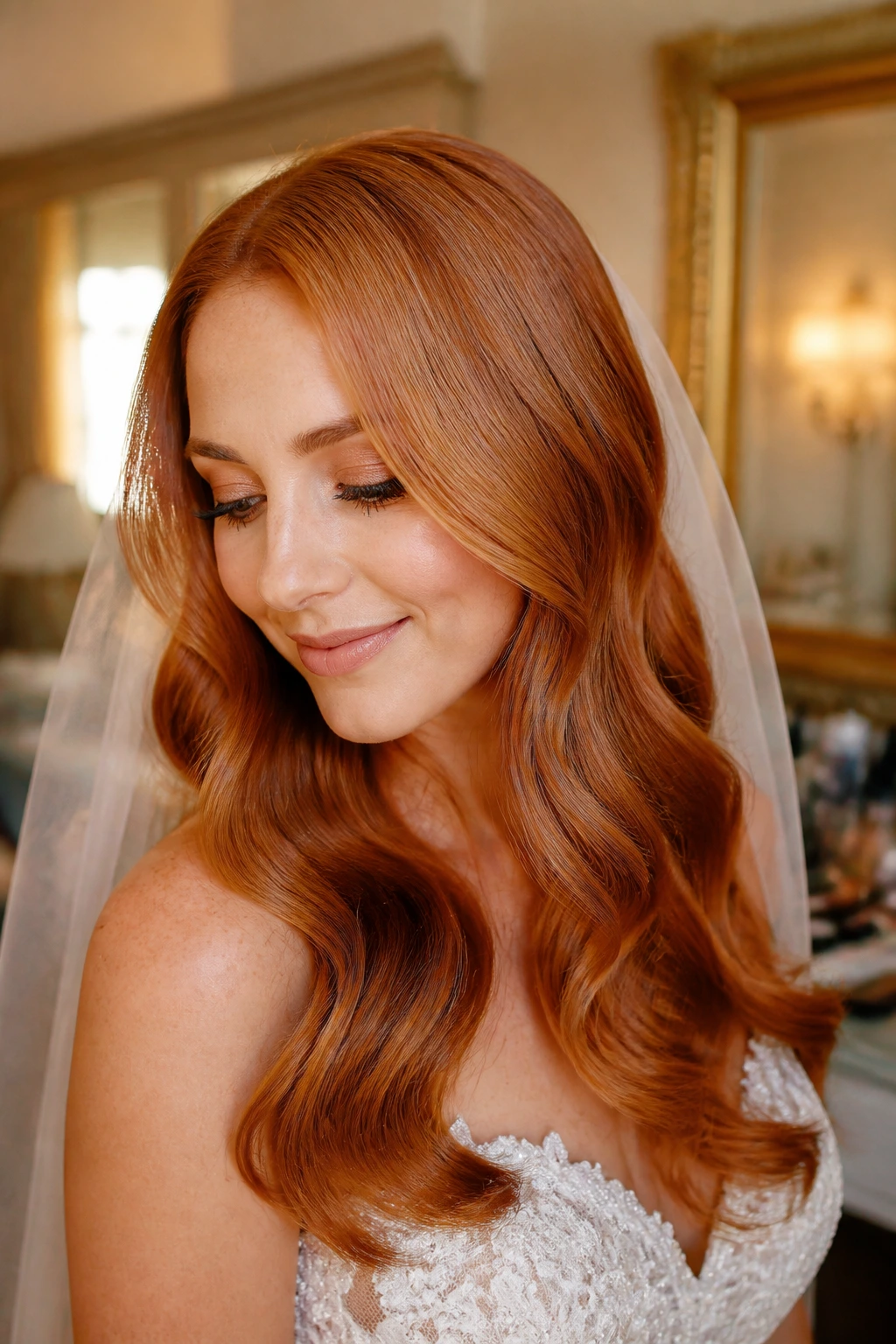 Real bride with copper penny glow hair under golden hour light